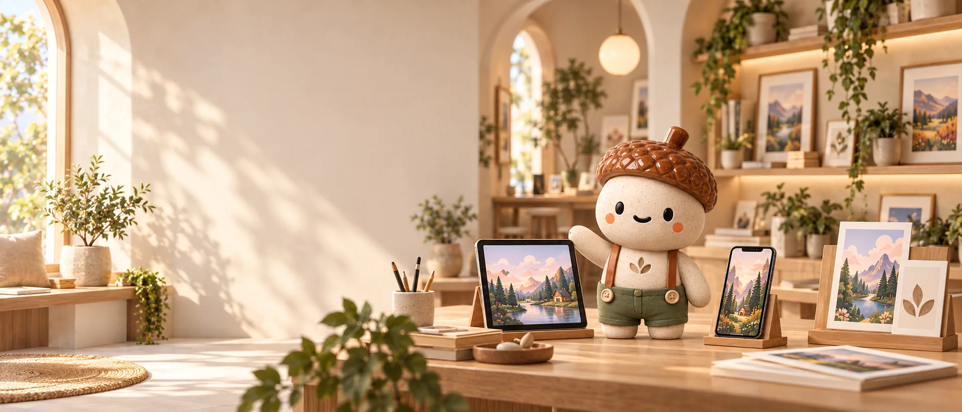 Kita in a warm creative studio with original art displayed on a tablet, phone and art cards